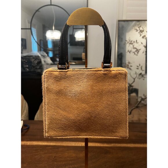 Fendi Vintage Tan Cowhide Box Handbag With Dark Brown Leather Handles & Gold Har - Picture 1 of 16